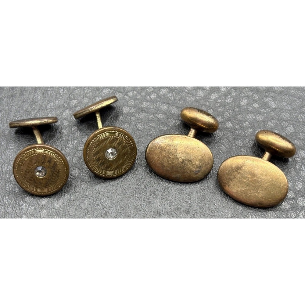 Vintage Lot 2 Pairs Victorian Gold Filled Cufflinks Etched Oval Paste Stones